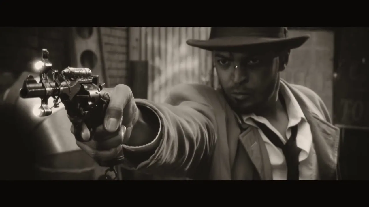 Still from the demo reel: a figure in a fedora aims a revolver
